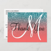 サンゴティール（緑がかった色）グラデーショングリッターモノグラムサンキュー ポストカード (正面/裏面)