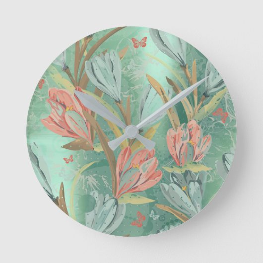 サンゴティール（緑がかった色）グリーンフローラコーヒーブルーアイボリーバタフライ ラウンド壁時計 (正面)