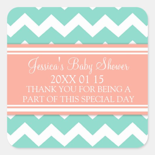 サンゴティール（緑がかった色）シェブロン赤ちゃんシャワー好きステッカー スクエアシール (正面)