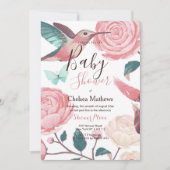 サンゴティール(緑がかった色)ピンクハミングバードフローラベビーシャワー 招待状 (正面)