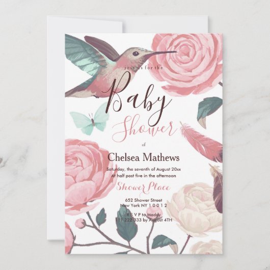 サンゴティール(緑がかった色)ピンクハミングバードフローラベビーシャワー 招待状 (正面)