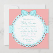サンゴティール（緑がかった色）ブルーピンクフットプリント赤ちゃんシャワー 招待状 (裏面)