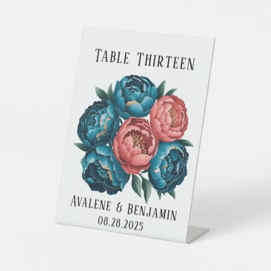 サンゴティール（緑がかった色）牡丹金ゴールド結婚ブーケのテーブルヌマー 台座サイン (正面)