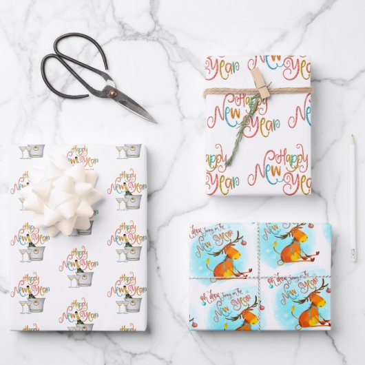 サンゴティール（緑がかった色）金ゴールドグリッターオーディアハッピーニューイヤー ラッピングペーパーシート (正面)