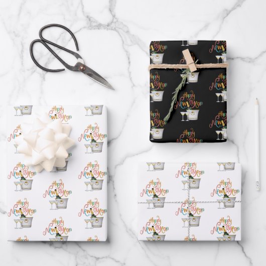 サンゴティール(緑がかった色)金ゴールドグリッターハッピーニューイヤーシャンパン ラッピングペーパーシート (正面)