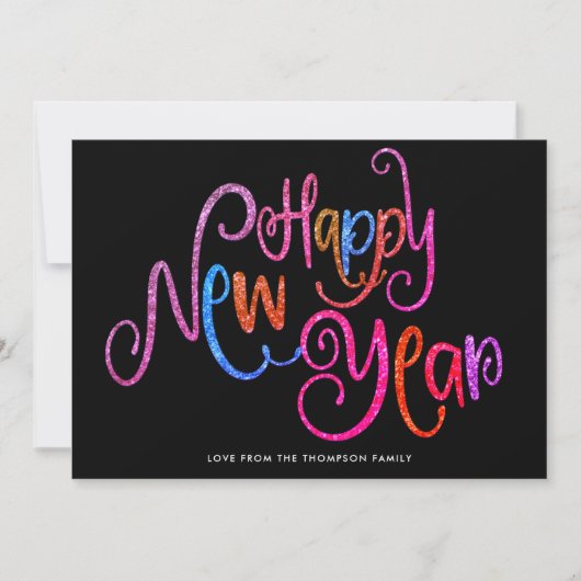 サンゴティール(緑がかった色)金ゴールドグリッターハッピーニューイヤー文字ブラック シーズンカード (正面)