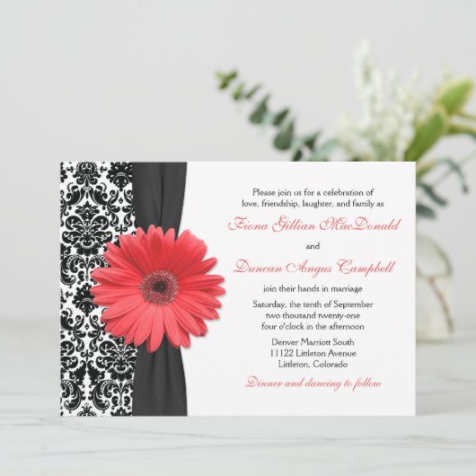サンゴデイジー白黒ダマスクウェディング招待状 招待状 (スタンド正面)