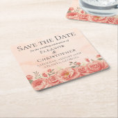 サンゴバラロマンチック桃フローラ保存日付 スクエアペーパーコースター (アングル)