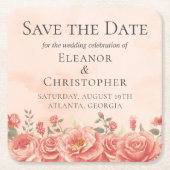 サンゴバラロマンチック桃フローラ保存日付 スクエアペーパーコースター (正面)