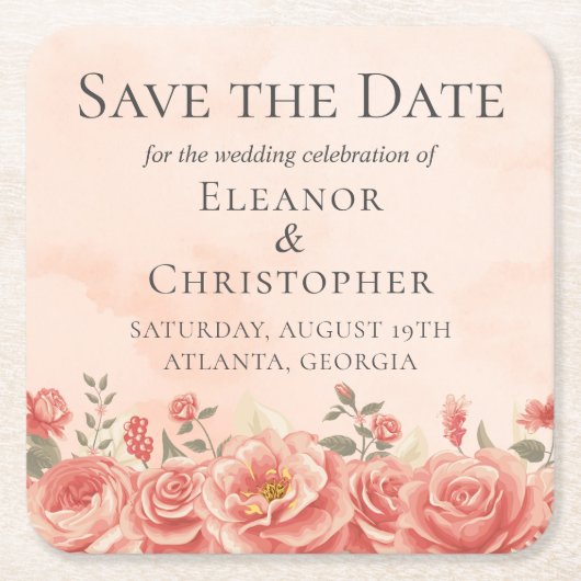 サンゴバラロマンチック桃フローラ保存日付 スクエアペーパーコースター (正面)