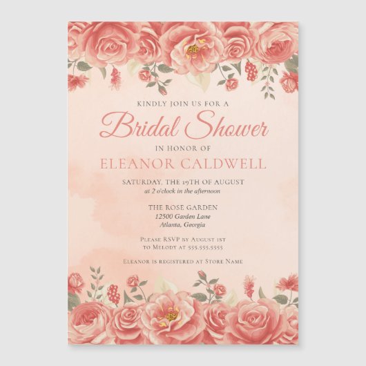 サンゴバラヴィンテージフローラブライダルシャワー マグネット招待状 (正面)