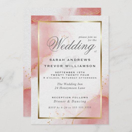 サンゴバラ金ゴールド抽象芸術マーリーウォーター色 招待状 (正面/裏面)