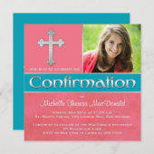 サンゴピンクとターコイズブルーとシルバーの確認写真招待状 招待状 (正面/裏面)