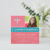 サンゴピンクとターコイズブルーとシルバーの確認写真招待状 招待状 (スタンド正面)