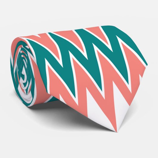 サンゴピンクとティール(緑がかった色)ジグザグ模様 ネクタイ (ロール)