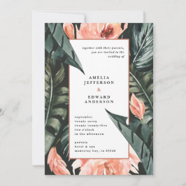 サンゴピンクと熱帯の葉結婚の葉