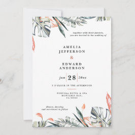 サンゴピンクと熱帯の葉結婚の葉