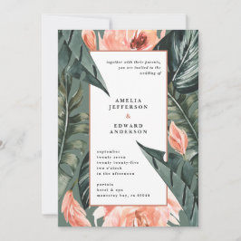 サンゴピンクと熱帯の葉結婚の葉