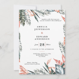 サンゴピンクと熱帯の葉結婚の葉