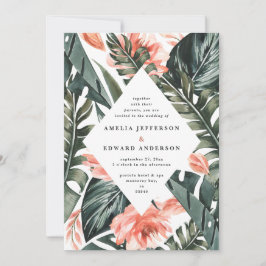 サンゴピンクと熱帯の葉結婚の葉