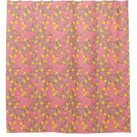 サンゴピンクに黄色いジャスミンの花 シャワーカーテン (正面)