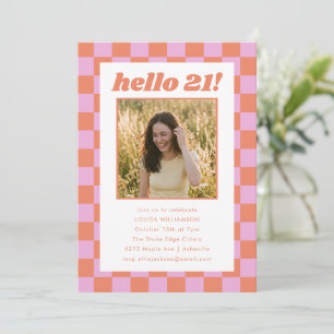 サンゴピンクの市松模様の写真付き「Hello 21」バースデーパーティー 招待状