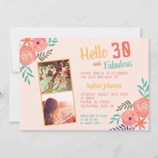 サンゴピンクの水彩の花の花束が30歳誕生日 招待状 (正面)