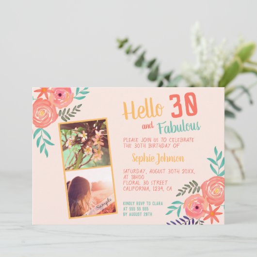 サンゴピンクの水彩の花の花束が30歳誕生日 招待状 (スタンド正面)