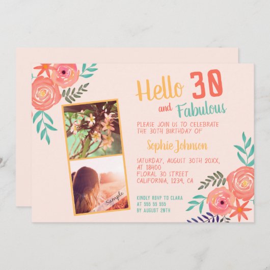 サンゴピンクの水彩の花の花束が30歳誕生日 招待状 (正面/裏面)
