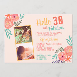 サンゴピンクの水彩の花の花束が30歳誕生日 招待状