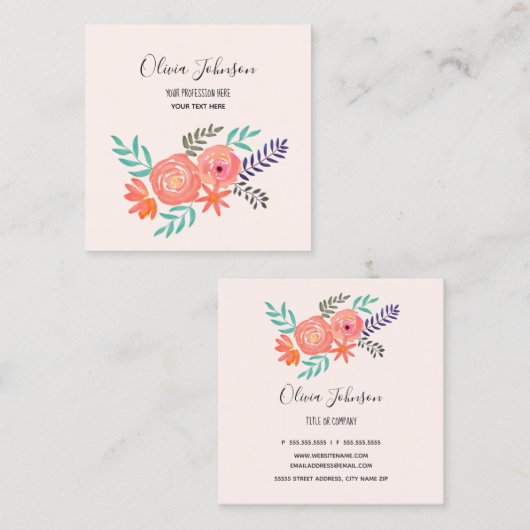 サンゴピンクの水彩花束 スクエア名刺 (正面/裏面)