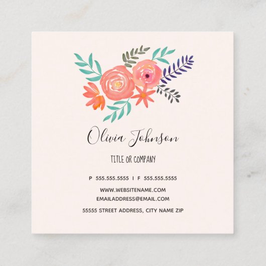 サンゴピンクの水彩花束 スクエア名刺 (裏面)