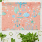 サンゴピンクの海の中の水彩画 キッチンタオル (折り畳み)
