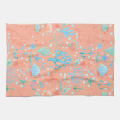 サンゴピンクの海の中の水彩画 キッチンタオル (横)