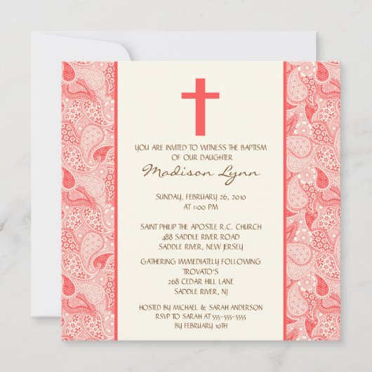 サンゴペイズリーベビーガールバプテスマイン 招待状 (正面)