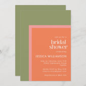 サンゴモダンとグリーンの幾何学的ブライダルシャワー 招待状 (正面/裏面)