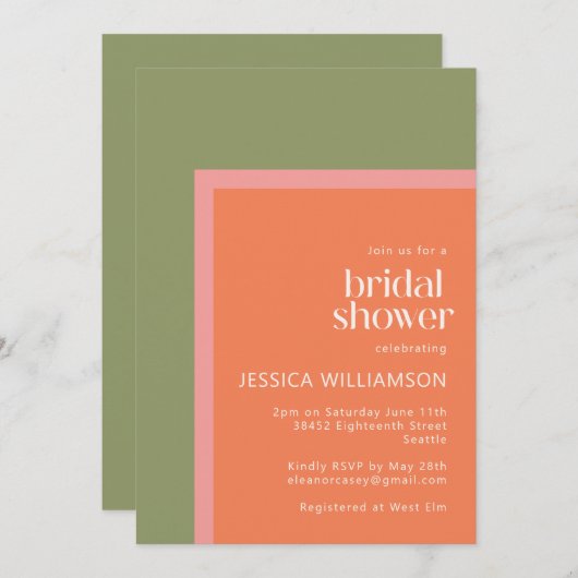 サンゴモダンとグリーンの幾何学的ブライダルシャワー 招待状 (正面/裏面)
