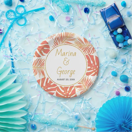 サンゴモダンと金ゴールドのトロピ葉カル結婚と ペーパープレート (パーティー)