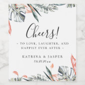 サンゴモダンの熱帯の葉の結婚フレーム ワインラベル (シングルラベル)