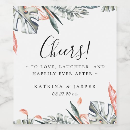 サンゴモダンの熱帯の葉の結婚フレーム ワインラベル (シングルラベル)