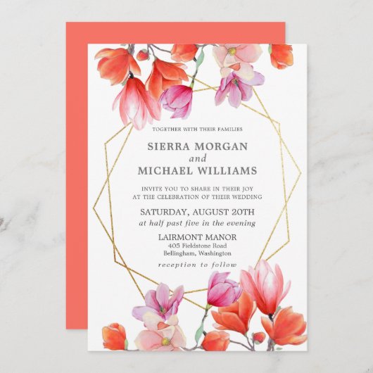 サンゴモダンフローラ金ゴールド幾何結婚の 招待状 (正面/裏面)