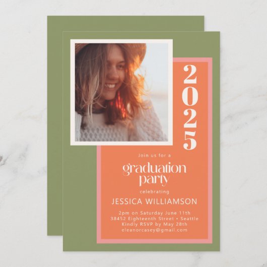 サンゴモダン及びグリーン幾何学卒業パーティー 招待状 (正面/裏面)