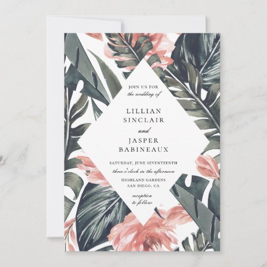 サンゴモダン熱帯ダイヤモンドフレ結婚ームズ 招待状 (正面)