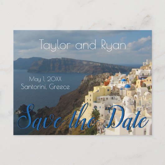 サンゴリーニのオイアが午後の太陽にきらきらと輝く。 インビテーションポストカード (正面)