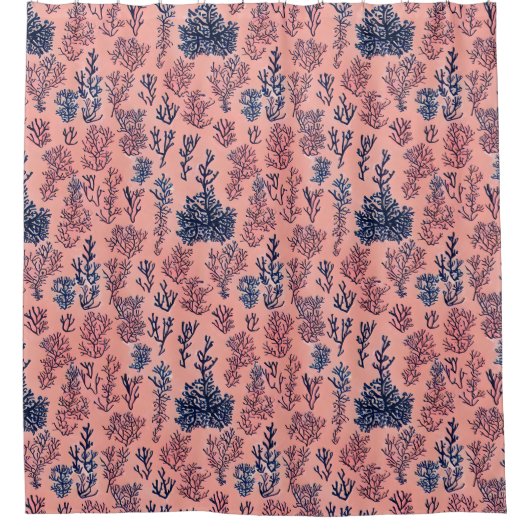 サンゴ名門私立校風のと青の熱帯ビーチ模様 シャワーカーテン (正面)