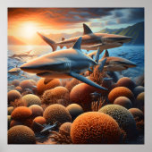 サンゴ威厳のあるの上で泳ぐ鮮やかサメ ポスター (正面)