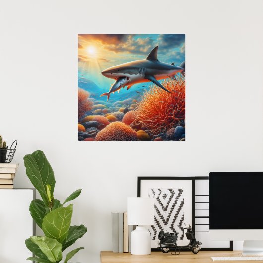 サンゴ威厳のあるの中のサメ ポスター (ホームオフィス)