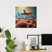 サンゴ威厳のあるの間を泳ぐ鮮やかサメ ポスター (ホームオフィス)