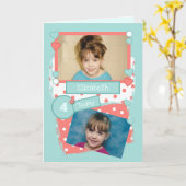 サンゴ子供への緑の水玉模様任意の年齢写真 カード (黄色い花)