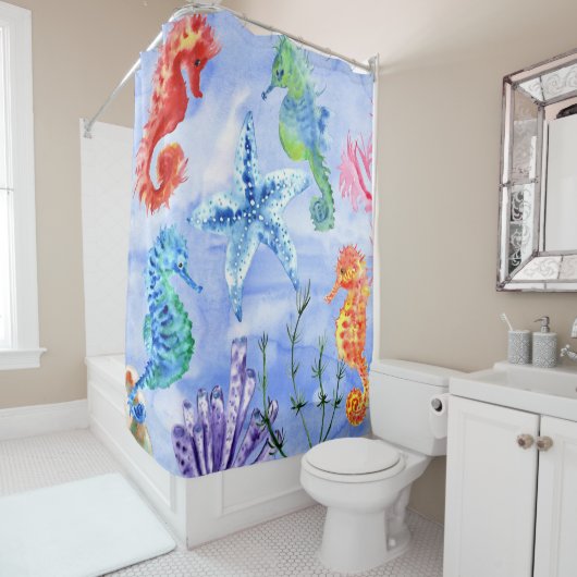サンゴ模様の海馬とヒトデ シャワーカーテン (インサイチュ)